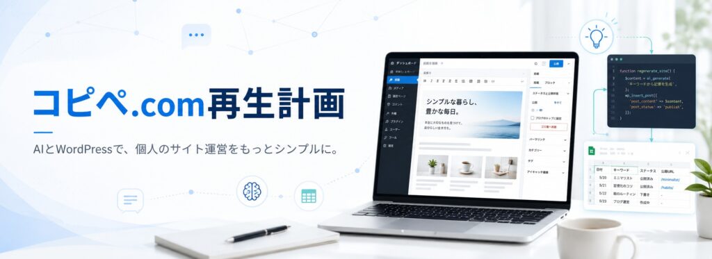 コピペ.com再生計画のトップ画像。AIとWordPressを使ったサイト運営・業務効率化の実験を表すノートパソコンと作業画面